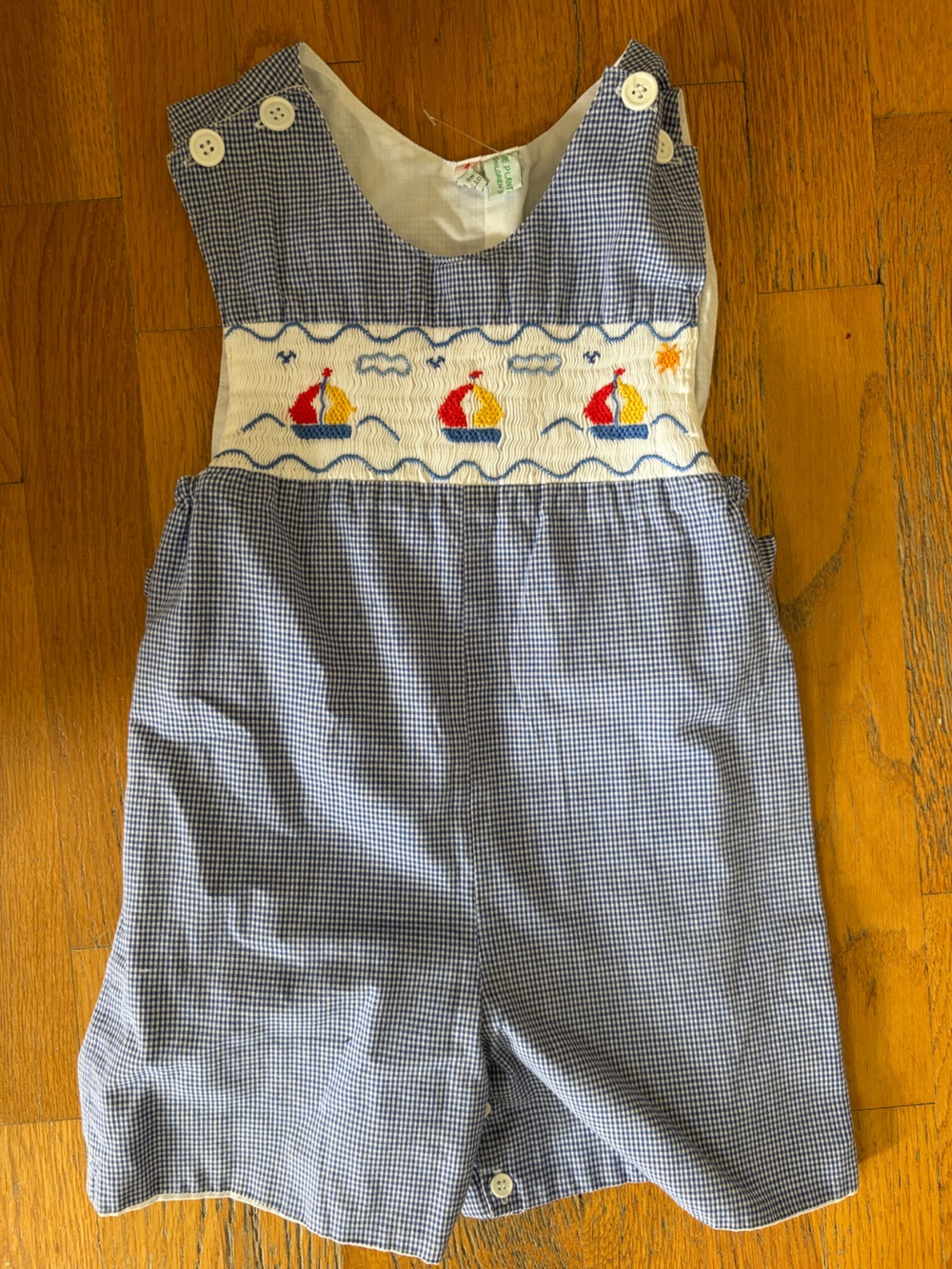 Smocked Blue Gingham jonjon with Sailboat Embroidery 4t
